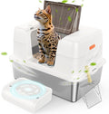 Stainless Steel Cat Litter Box with Lid,Large Enclosed High Side Metal Cat Litter Box with Pedals Suitable for Big Cats,Non-Sticky,Odor-Free,Easy to Clean ，Anti-Leakage(Silver)