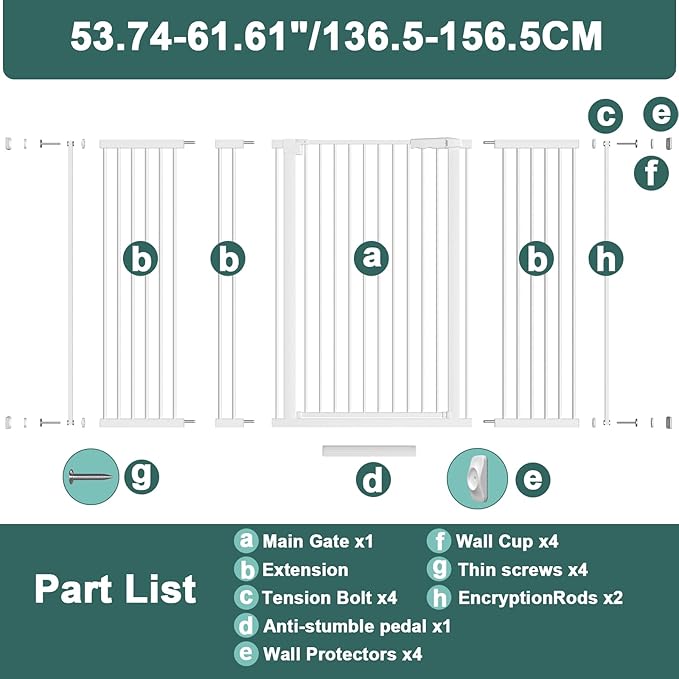 40.55" Tall, 53.74-61.61 Inch Wide, 1.37" Ultra Narrow Spacing Dog Pet Baby Gate Indoor for Doorway Hallway, Pressure Mounted 54 55 56 57 58 59 60 61 Inches Wide