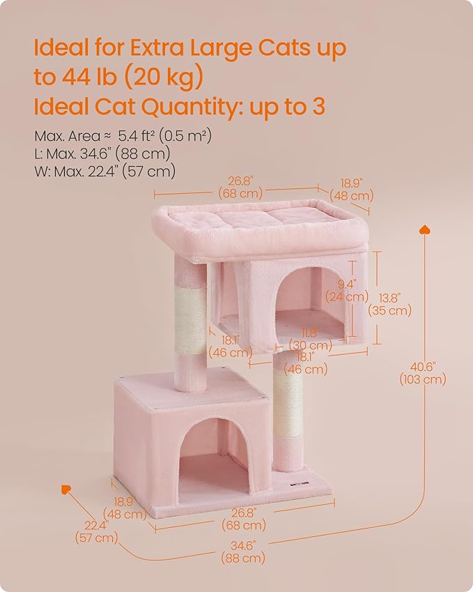 Feandrea Cat Tree, 40.6-Inch Cat Tower, Plush Condo for Extra Large Cats up to 44 lb, Large Perch, 2 Caves, Scratching Post, Jelly Pink UPCT614P01