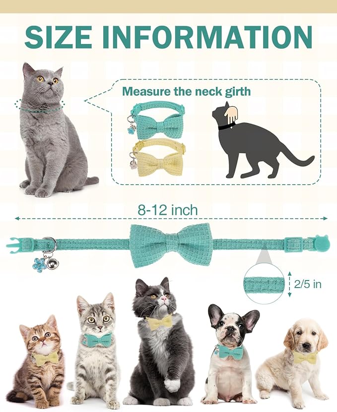 Cat Collar Breakaway with Bells, Soft Cotton Cat Bowtie Collar for Girl Boy Cats, Small Cats Collar with Bow for Spring Summer, 2 Pack Cute Kitten Collars with Removable Bowtie 8-12Inch