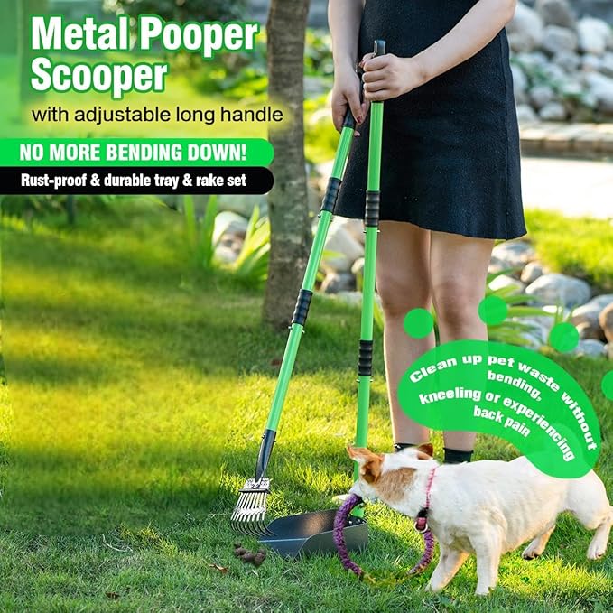 MXF Dog Pooer Scooper Set, 2 in 1 Pet Poop Scooper with Long Handle Dog Poop Picker Upper and Stainless Metal Tray & Rake for Medium & Small Dogs, Heavy Duty for Grass, Dirt, Gravel