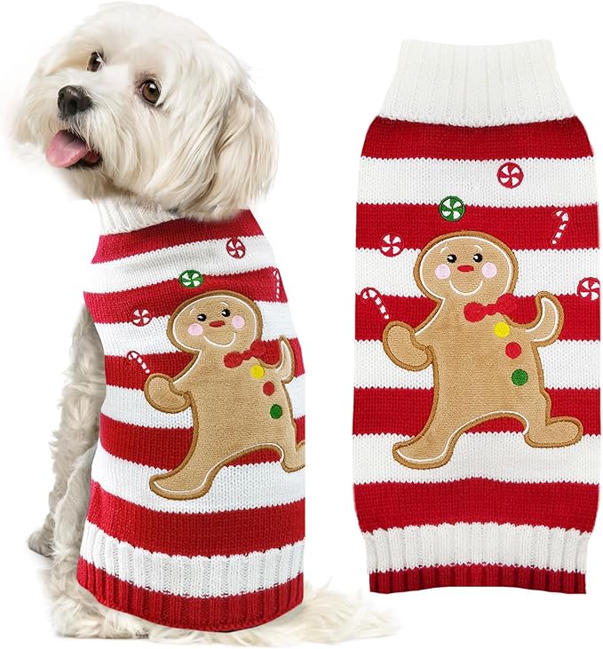 Dog Christmas Sweater Xmas Pet Clothes Cute Striped Gingerbread Man Costume Holiday Puppy Cat Jumpers Outfits New Year Gifts for Small Medium Large Dogs(Red Gingerbread Man,L)