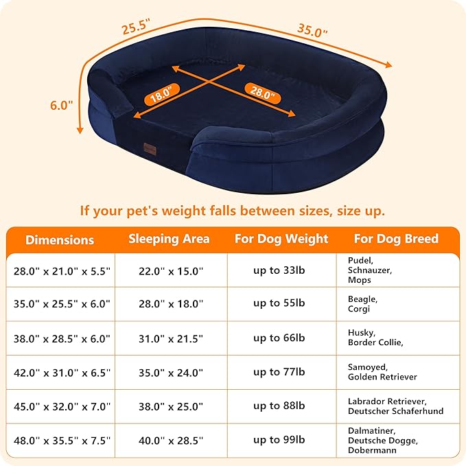 Dwanton Orthopedic Dog Bed for Medium Dogs with Gel Memory Foam, Waterproof Dog Sofa, Washable Pet Bed with Four Sided Bolster Cushion, Removable Cover & Non-Slip Bottom, 35", Navy Blue