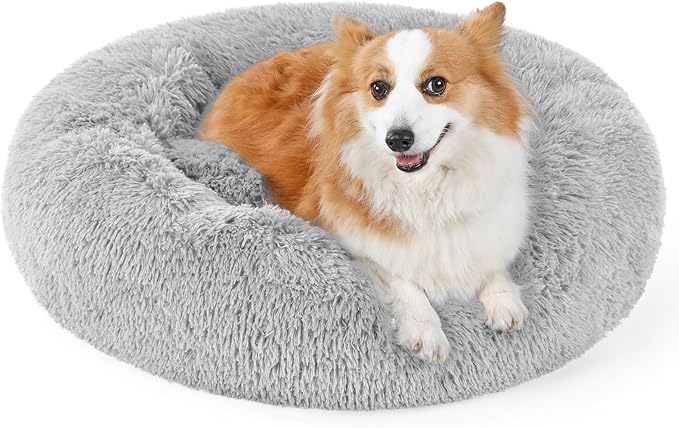 rabbitgoo Calming Dog Bed for Small Medium, 30 inches Pet Bed Machine Washable, Non-Slip Round Fluffy Plush Faux Fur Large Cat Cushion, Soft Donut Cuddler Cushion for Small Dogs, Light Grey