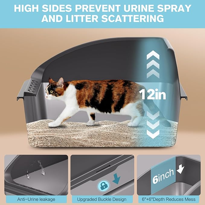 2PACK Stainless Steel Cat Litter Box,Large Litter Box with High Sides for Small Multiple Cats,Kittens,Metal Kitty Litter Boxes with Anti-Leak Lid,Non-Stick,Odorless,Easy to Clean,Scoop Included