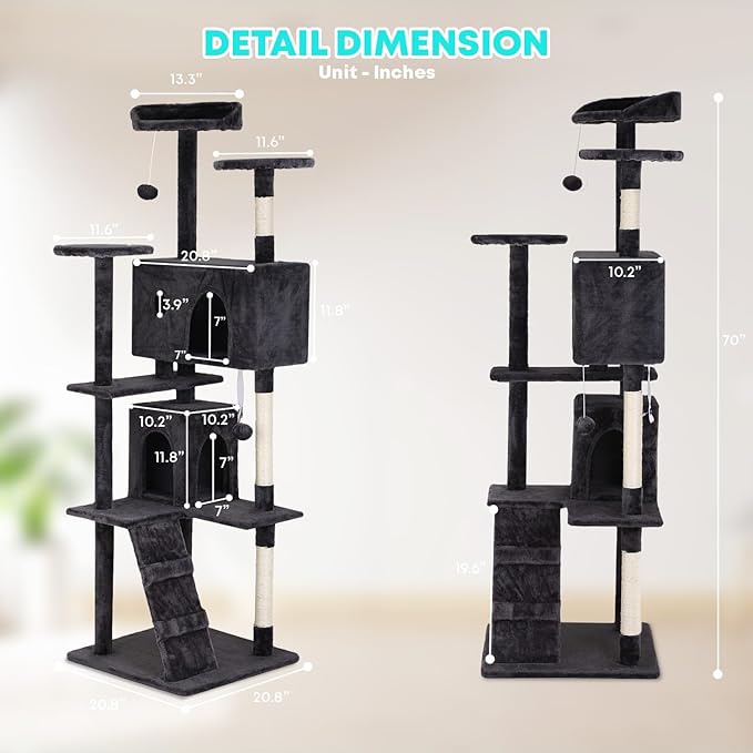FDW | 70" Cat Tree Tower | Dark Gray | Multi-Level Indoor Activity Center with Sisal Scratching Posts, Condos, Plush Perches, Hanging Cat Toys | Sturdy, Easy to Assemble | for Kittens & Adult Cats