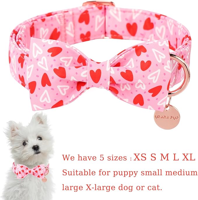 Valentine’s Day Dog Collar with Bow Tie, Red Heart Bowtie Collar with Metal Buckle, Valentine’s Day Gift Pet Collar for Puppy Girl Boy Dog or Cat, Wedding Dog Collar, XS, Neck 8-12in