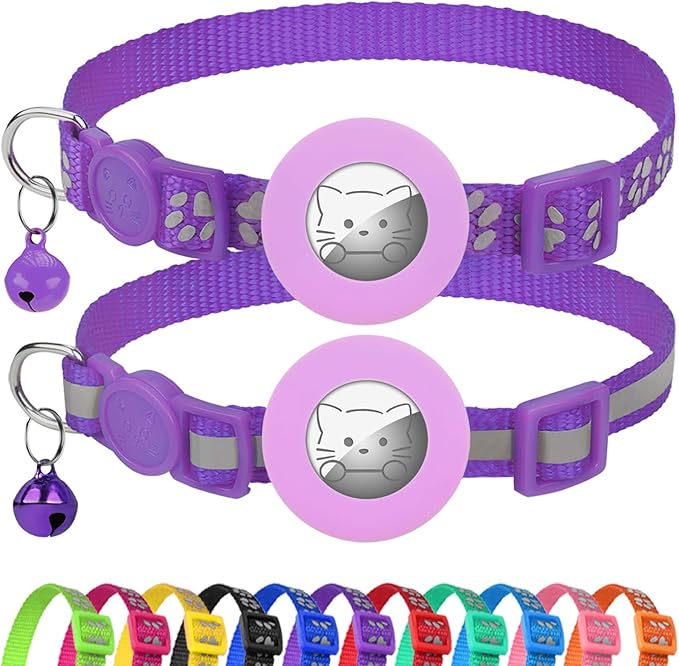 Joytale AirTag Cat Collar 2 Pack with Breakaway Safety Buckle, Reflective Cats Collar with AirTag Holder, Adjustable 7.5-12.5 Inch, Anti-Fraying Lightweight for Girl Boy Kitten, Purple