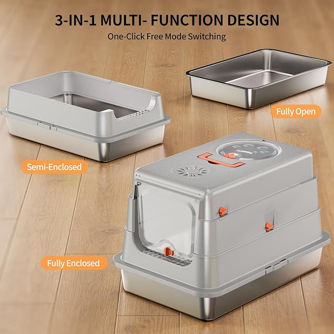 Stainless Steel Cat Litter Box with Lid, Extra Large Enclosed Metal Litter Pan with High Sides, Full Flip Cover Litter Box for Large Cat, Include Scoop & Step, Leak Proof Easy Clean Odor Control, Grey