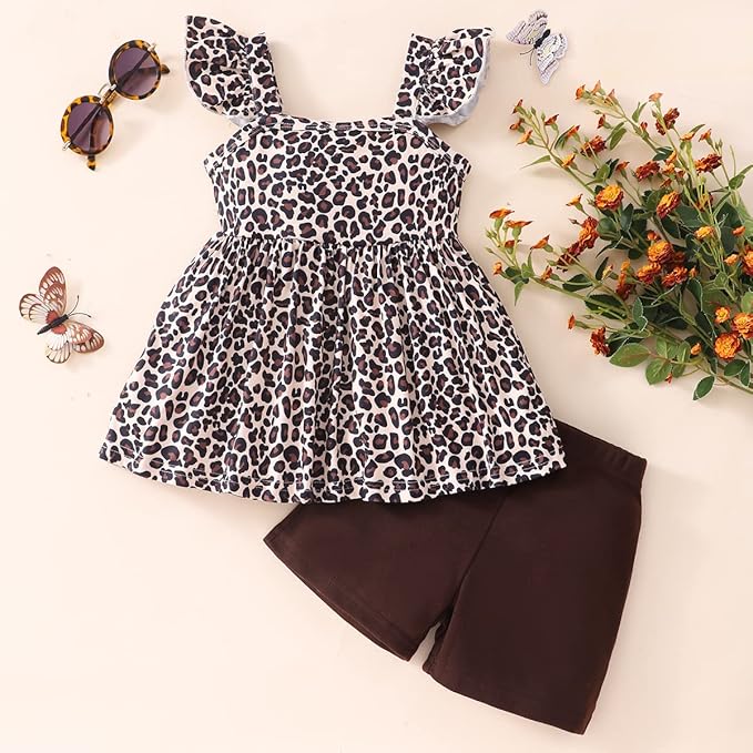 Toddler Baby Girls Summer Clothes Outfits Ruffled Sleeve Dinosaur Shirt Leopard Tops and Shorts Pants Sets 2PCS