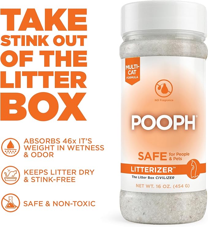 POOPH® LITTERIZER® – 16oz Bottle – Absorbs 46x Weight in Wetness & Odor – Keeps Litter Dry, Reduces Mess, Reduce Litter Costs and Get a Stink-FREELitter Box – Without Fragrances or Harsh Chemicals
