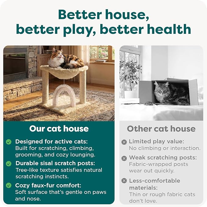 FurHaven 17.3" Tall Cat Scratching Post Tower for Indoor Cats, Sisal Cat Tree, Tiger Tough Hammock Interactive Playground, Toys & Perches for Cats, Sisal, Cream