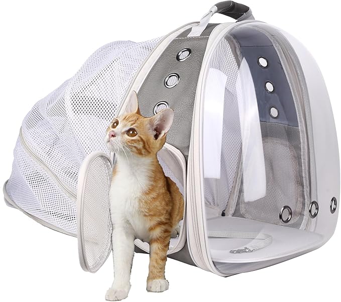 Expandable Carrier Backpack for Kitten Bunny and Small Puppy, Vented Transparent Space Capsule Astronaut Cat Bubble Window, PU Leather Grey Vet Carry Bag