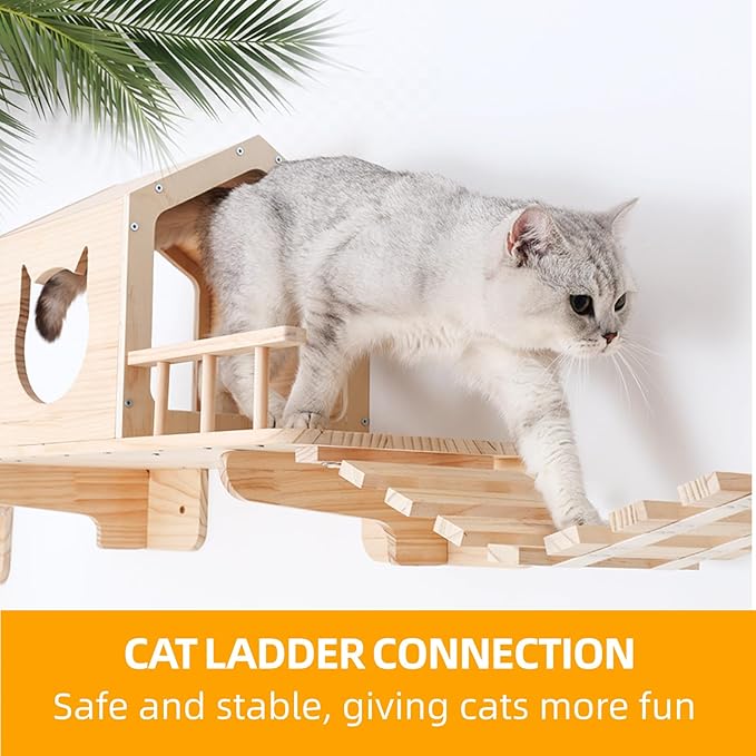 Cat Shelves for Wall – Cat Climbing Furniture Set for Large Cats with House, Bridge Ladder, 3 Scratching Posts & 5 Steps