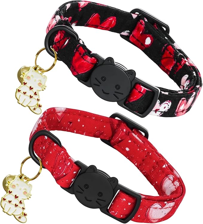 Valentine Cat Collar-2 Pack Collars Red and Black Heart Print Breakaway with Kitten and Bell Pendant Safety Buckle Adjustable Pet Collar for Cats Gift for Cats and Small Pets