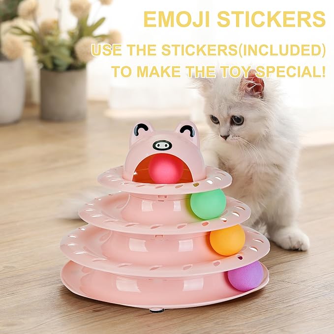 Gefryco Cat Toys 4-Tier Roller Track, Turntable Cat Tower Toy with Colorful Chase Balls, Multi-Level Interactive Cat Toys for Bored Indoor Adult Cats, Fun Puzzle Kitten Exercise Toys Self Play (Pink)