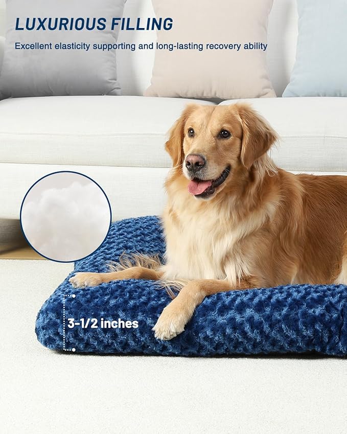 KSIIA Washable Dog Bed Comfy Dog Crate Pad Deluxe Plush Pet Bed Non-Slip Kennel Pad for Large Dogs, 35" x 23", Blue