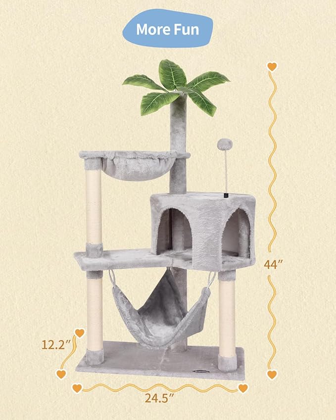 KIYUMI Cat Tree Cat Tower Condo with Sisal Scratching Post for Indoor Cats Tree Furniture with Hammock Perch and Kitten Ball Toys, Multi-Level Pet Activity Center (Grey)