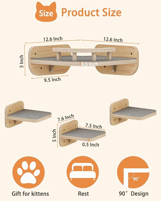Megidok Cat Wall Furniture Corner Climbing Shelf Perches, Cat Bed Wall Mounted with 3 Wide Steps,Modern Floating Stairs for Wall Indoor Cats up to 22 Lbs for Cats - Wood Color