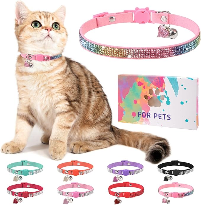 Rhinestone Cat Collar Breakaway with Bell, Diamond Cat Collar with Safety Buckle Quick Release for Girl Boy Small Kitten Pets Puppy,Cute Soft Female Male Cat Collars, Colorful Pink 8-12"