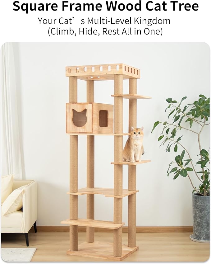 74" Wooden Cat Tree Tower for Large Cats, Multi-Level Cat Climbing Furniture with Scratching Posts, Cat Condo & Hammock, Natural Wood Cat Activity Center(Brown)