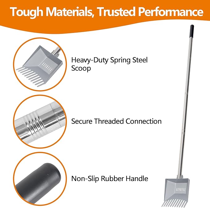 Heavy Duty Pooper Scooper 66in Tempered Spring Steel Scoop Long Stainless Steel Handle Dog Pooper Scooper for Large Dogs Outdoor Pet Waste Removal Shovel