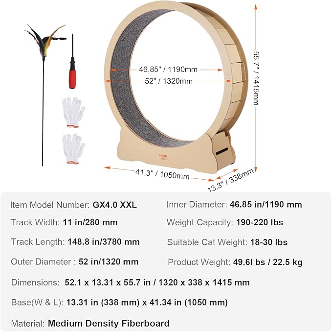 VEVOR Cat Exercise Wheel, 52" Large Cat Treadmill Wheel for Indoor Cats, Running Wheel with Detachable Carpet & Teaser for Running/Walking/Training, Suitable for Most Cats