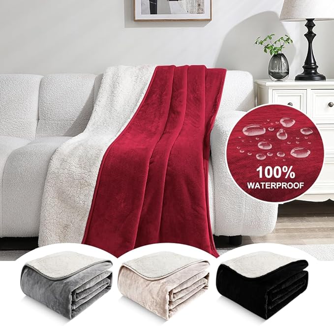 Waterproof Blanket for Beds – Ideal for Couch & Pets Splash Proof Sherpa Throw, Leakproof TPU Layer, Stain Resistant Washable Bed Protector – Burgandy, 90"x 80"