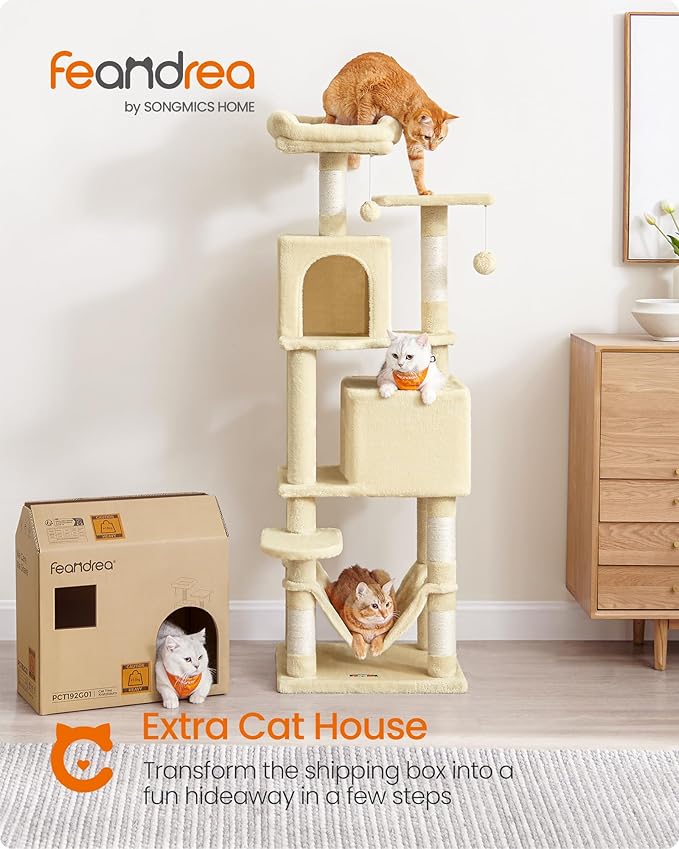 Feandrea Cat Tree, 59.5-Inch Tall Cat Tower, Plush Multi-Level Condo with 5 Scratching Posts, 2 Perches, 2 Caves, Hammock, 2 Pompoms, Beige UPCT192M01