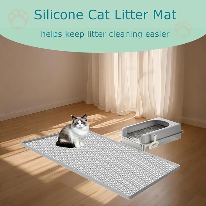 Cat Litter Mat for Litter Box, Silicone Large Cat Litter Trapping Mat - 51.2x25.6 in, Waterproof & Non-Slip, Durable & Easy Clean, Light Gray