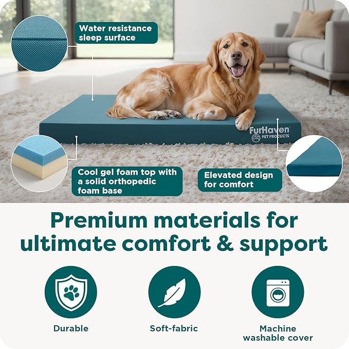 Furhaven Water-Resistant Cooling Gel Dog Bed for Large Dogs w/ Removable Washable Cover, For Dogs Up to 95 lbs - Indoor/Outdoor Logo Print Oxford Polycanvas Mattress - Deep Lagoon, Jumbo/XL