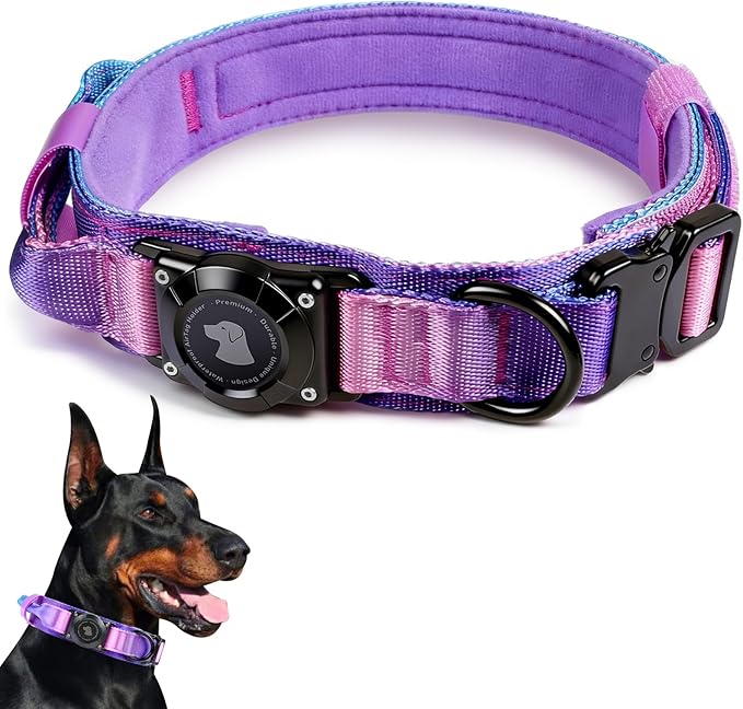 2026 Upgrade Waterproof AirTag Dog Collar, Military Tactical Dog Collar with AirTag Holder, Comfortable Control Handle and Metal Buckle, GPS Dog Collar Holder for Medium to Large Dogs (90s Retro,L)