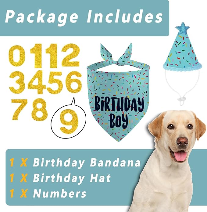 Dog Birthday Bandana Set, Light Blue Birthday Boy Decorations, HBD Party Supplies with Hat Bandana Numbers for Pets (Light Blue)