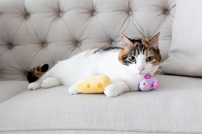 Pearhead Hide and Squeak Teaser Cat Toys, Crinkle and Rope Catnip Mouse and Cheese Plush Set, Playtime Pet Accessory, Must Have Play Accessories