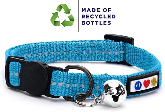 Pawtitas Recycled Teal Reflective Cat Collar – Eco-Friendly Breakaway Safety Buckle, Adjustable Kitten & Adult Collar with Removable Bell and High-Visibility Strap