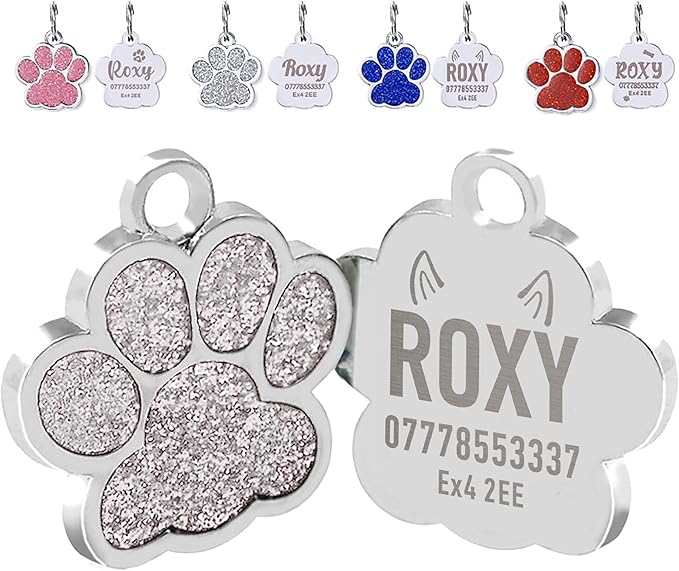 EDSG Cat Dog Tags Personalized for Pets, Dog Name Tags Cat Name ID Tag, Engraved Dog Tags Dog ID Tags Small Glitter Bling ID Tag Paw Print for Cat Pet Dog Puppy(Silver,Design 3)