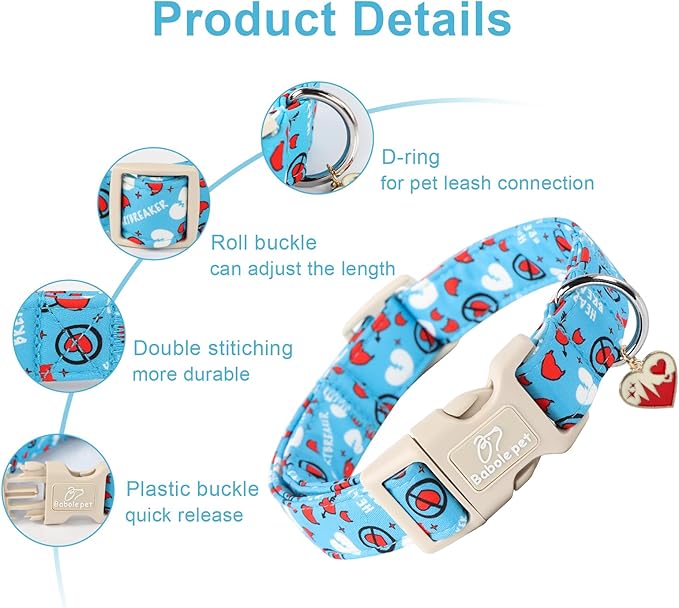 Valentines Dog Collar, Blue Heart Dog Collar, Cute Loving Heart Printed Collar with Quick Release Plastic Buckle for Boys&Girls Dogs, Medium