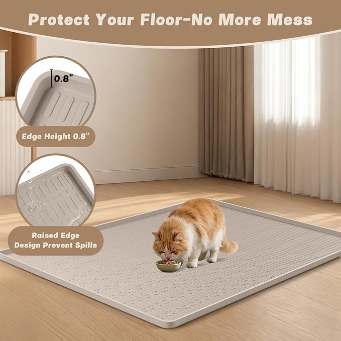 47" x 35" Silicone Cat Food Mat, Waterproof Pet Feeding Mat with Raised Edge, Extra Large Cat Bowl Mat Water Bowl Placemats for Cats, Non-Slip, Protects Floors, Easy to Clean (Beige
