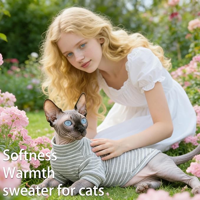 Fleece Sphynx Cat Clothes Soft Hairless Cat Clothes Pullover Cat Sweater for Chihuahua All Season Light and Warm Kitten Cloth for Cats Only Puppy Clothes Small Dog Sweater (Gray Striped, XX-Large)