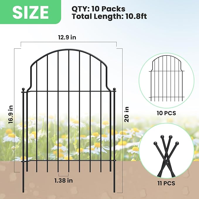 10Pcs Decorative Garden Fence, 20in(H)/10.8ft(L) Rustproof Metal Fences Animal Barrier Outdoor for Yard, Flower Bed Edging Ornamental Border Panel for Dogs, Rabbits, Dig Defence, Garden Decor, Patio