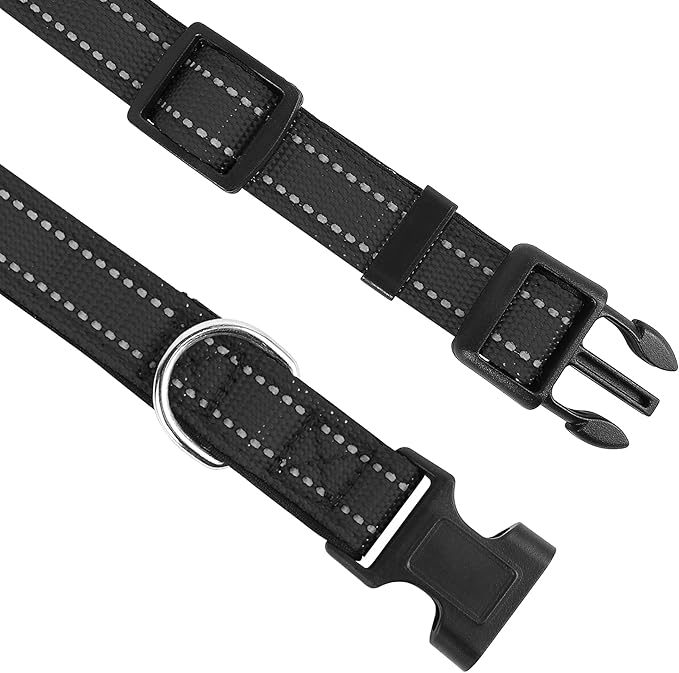 Reflective Dog Collar, Adjustable Soft Neoprene Padded Nylon Pet Collars with Buckle for Medium Dogs, Black,M