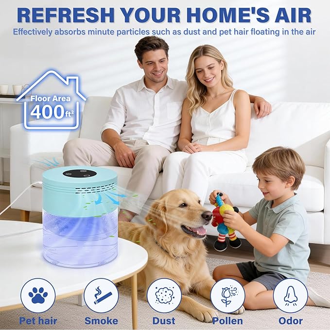 Water Air Purifiers for Home, Water Based Air Purifier Fits Essential Oil, Air Washer Purifier with 8 LED Lights, 24H Auto Shut-off, 3 Speeds, Air Revitaizer for Bedroom Office Living Room Pets Smoke
