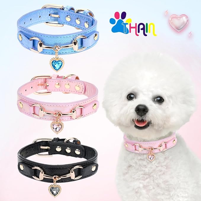 THAIN Fashion Dog Collar with Bling Diamonds & Heart Charm – 5 Holes Adjustable PU Leather Rhinestones Necklace Collar, Gold Buckle for Small Dogs Girl (Pink, XS)