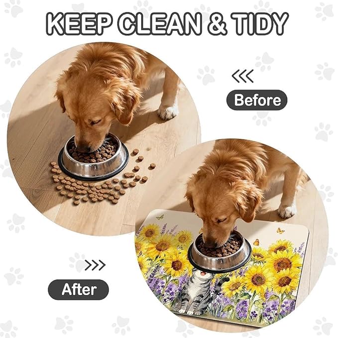 Dog Food Mat for Pet Cat Food Mat, Sunflower Absorbent Quick Dry Dog Bowl Mats for Food and Water, Non-Slip Cat Pet Feeding Mats for Floor Placemats 12"x20"