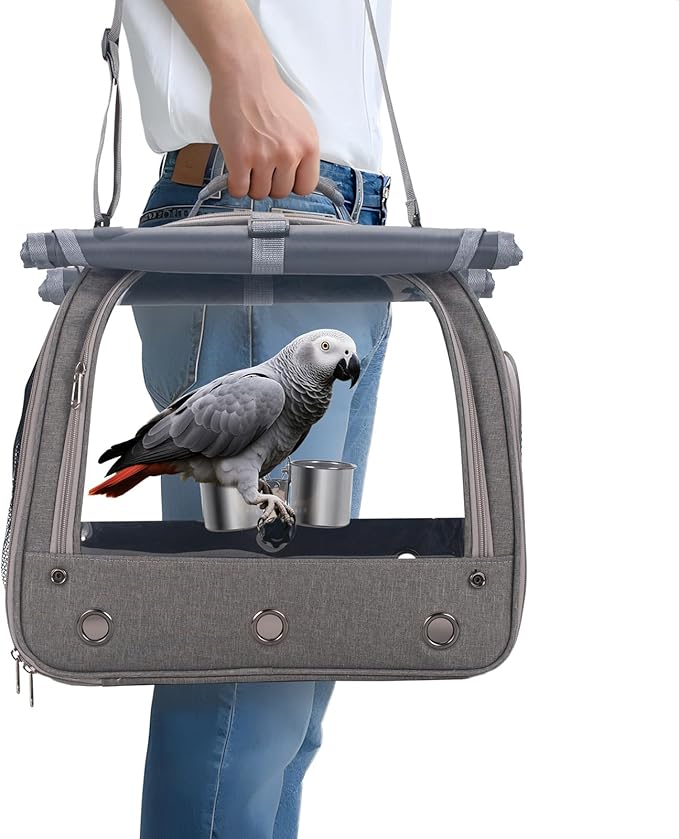 Bird Carrier Parrot Travel Cage with Perch, Food Bowl, Tray and Breathable Clear Window, Bird Travel Bag for African Gray Cockatiel Caique Conure Quaker, for Vetting Camping Hiking (Gray)