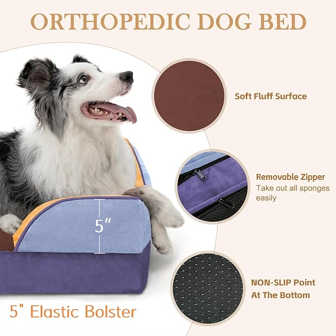 Comfort Expression Orthopedic Dog Bed for Extra Large Dogs 42x30 Inch, Waterproof Egg Crate Foam XL Pet Bed with Removable Bolsters, Dog Couch with Washable Cover & Non-Slip Bottom, Honey Lavender