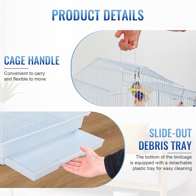 FDW 39 Inch Bird Cage Parakeet Cage with Play Top Rolling Stand & Easy Clean Pull-Out Tray Roof Top Parrot Cage for for Finches Canaries Parakeets Cockatiels & Other Small Birds, White
