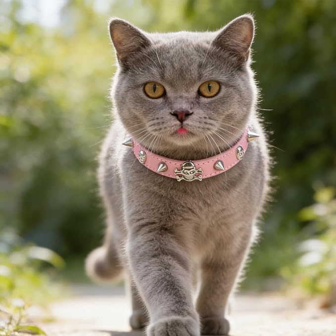 EXPAWLORER Cat Collar for Girl Boy Cats- Adjustable Leather Pet Collar with Safety Elastic Belt,Personalized Punk Accessories Buckle Collars with Bell & Durable D-Ring,Skull & Rivet（Pink）