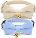 Soft Corduroy Cat Collar, Plaid Pattern, with Bell and Bowtie, Quick Release,Safety Breakaway Clasp, Adjustable for Kitten and Cats.(White+Blue)