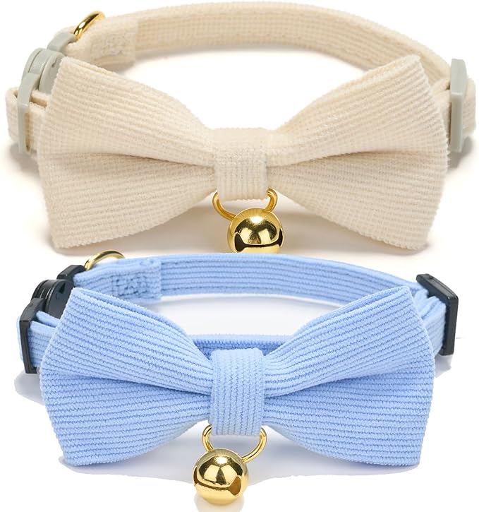 Soft Corduroy Cat Collar, Plaid Pattern, with Bell and Bowtie, Quick Release,Safety Breakaway Clasp, Adjustable for Kitten and Cats.(White+Blue)